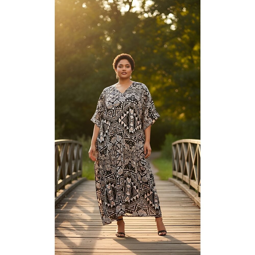 Gypsie Blu Tribal Printed Black Polyester Kaftan Dress Evening Wear for Women